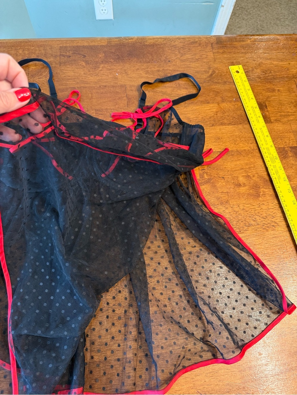 Adore Me Noemi Babydoll Lingerie Top Sz 3X Black Sheer Mesh Red Bows - Picture 6 of 10